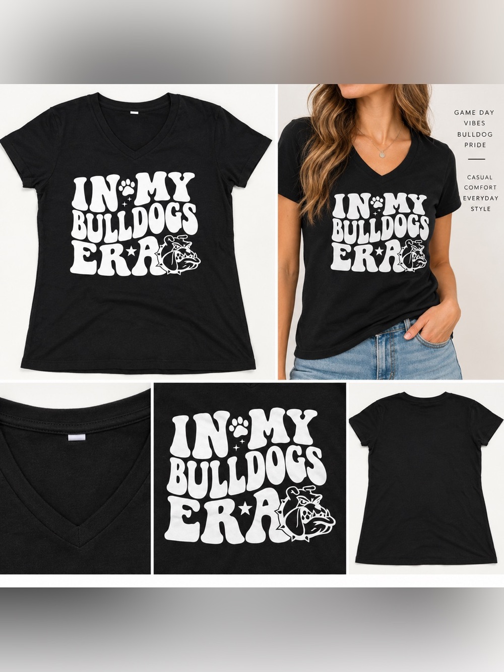 Black 'In My Bulldogs Era' V-Neck Graphic Tee
